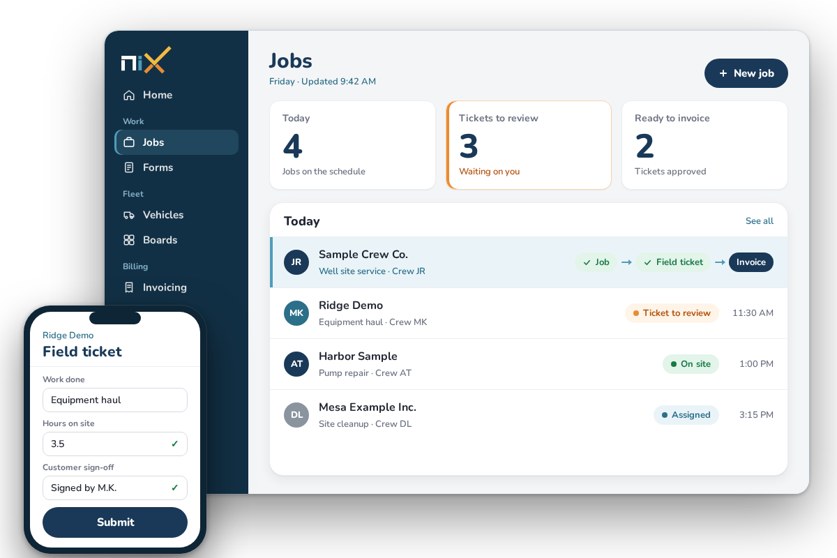 Nix Jobs screen on desktop with a field ticket open on a phone